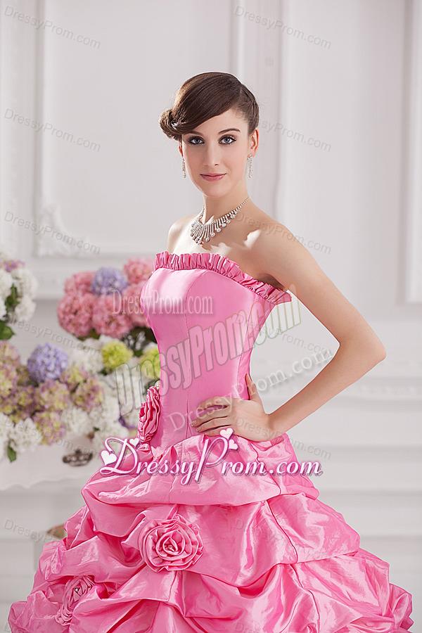 Ball Gown Strapless Pick-ups Rose Pink Quinceanera Dress with Hand Made Flowers