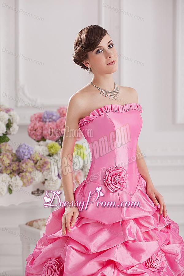 Ball Gown Strapless Pick-ups Rose Pink Quinceanera Dress with Hand Made Flowers