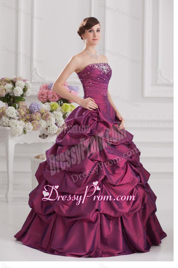 Ball Gown Strapless Taffeta Purple Quinceanera Dress with Beading and Pick-ups