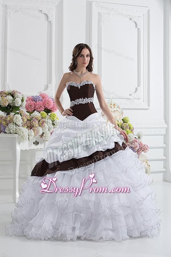 Ball Gown Sweetheart Beading Ruffled Layers Brown and White Quinceanera Dress