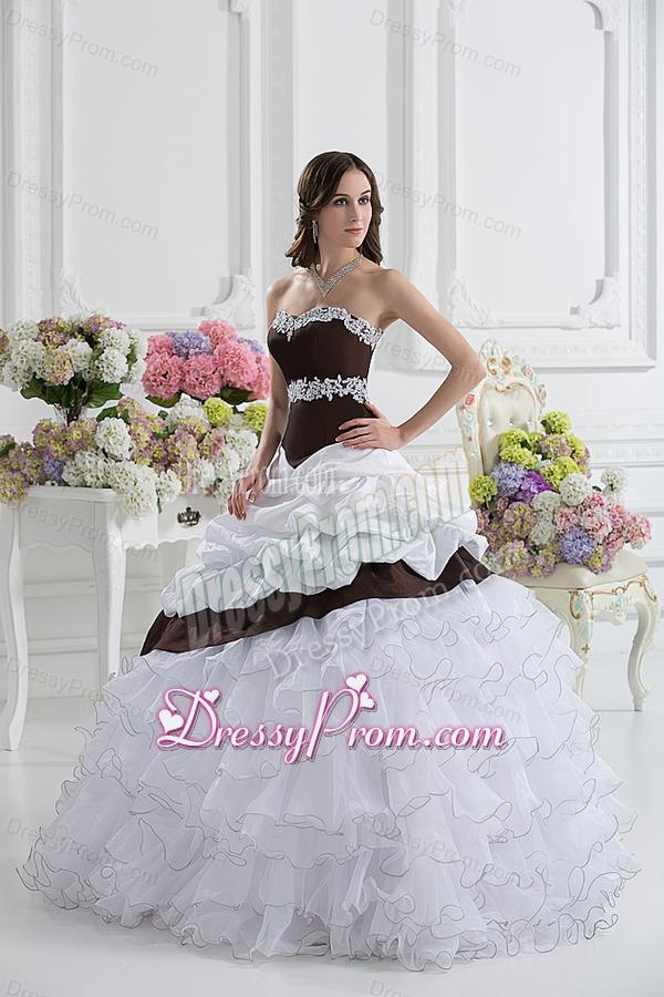 Ball Gown Sweetheart Beading Ruffled Layers Brown and White Quinceanera Dress