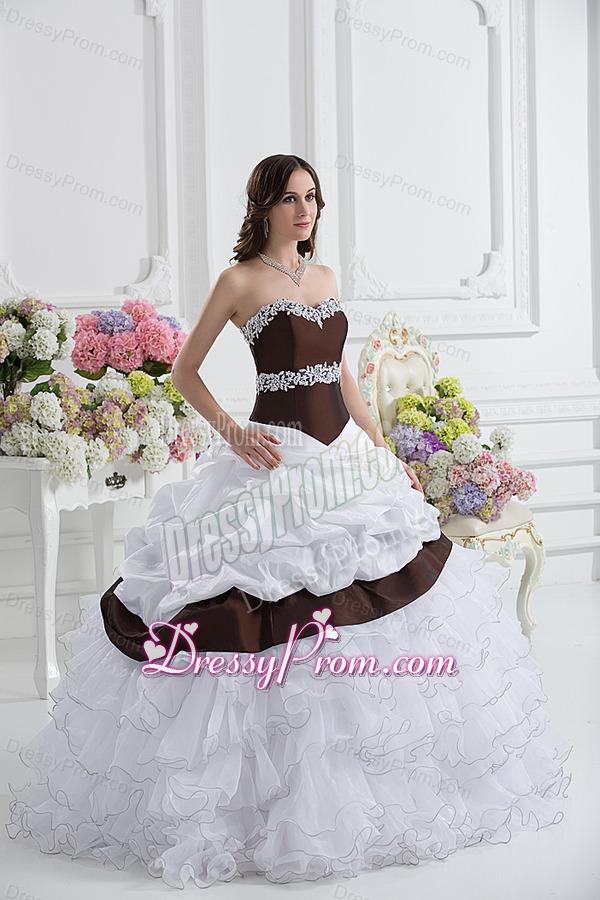 Ball Gown Sweetheart Beading Ruffled Layers Brown and White Quinceanera Dress