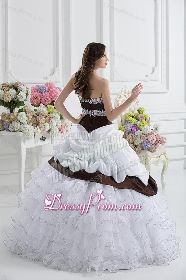 Ball Gown Sweetheart Beading Ruffled Layers Brown and White Quinceanera Dress