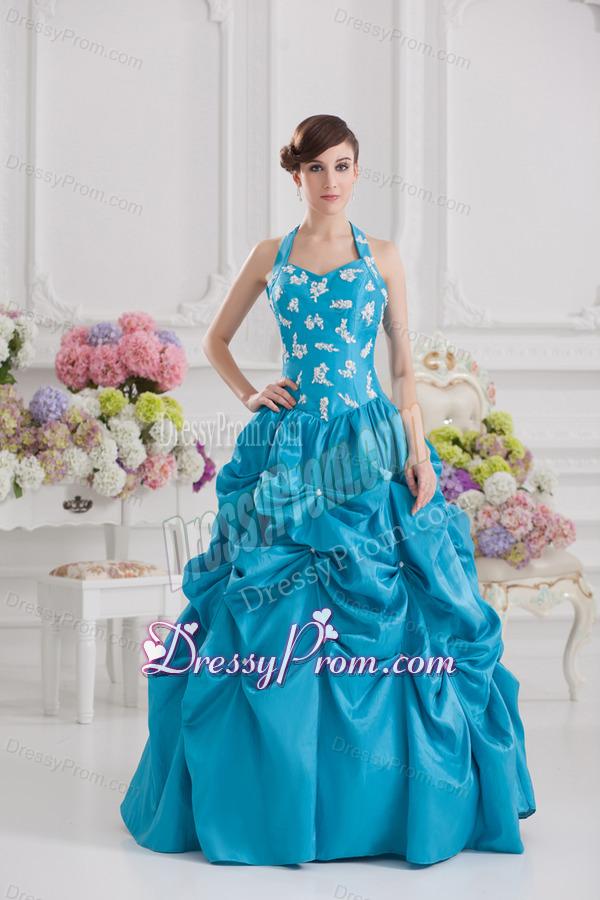 Princess Taffeta Appliques Ruffles Teal Quinceanera Dress with Halter Top