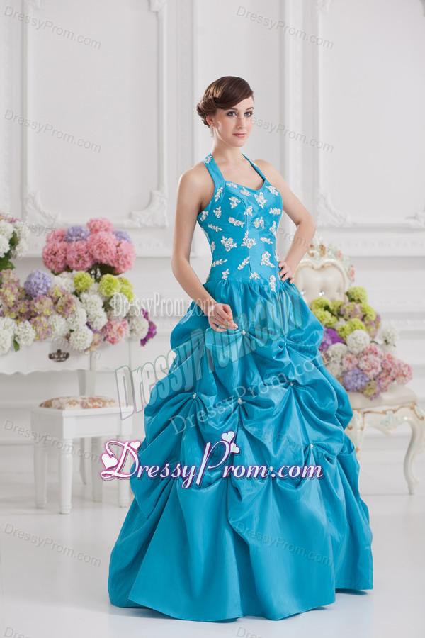 Princess Taffeta Appliques Ruffles Teal Quinceanera Dress with Halter Top
