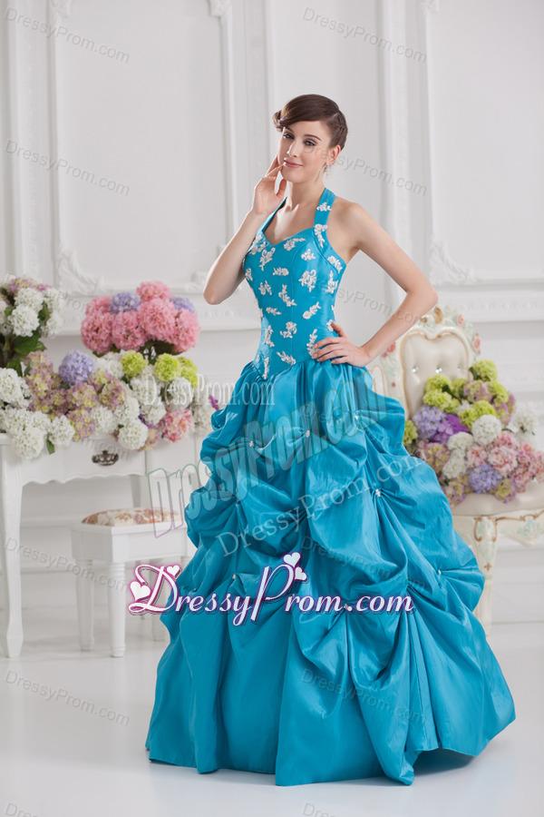 Princess Taffeta Appliques Ruffles Teal Quinceanera Dress with Halter Top