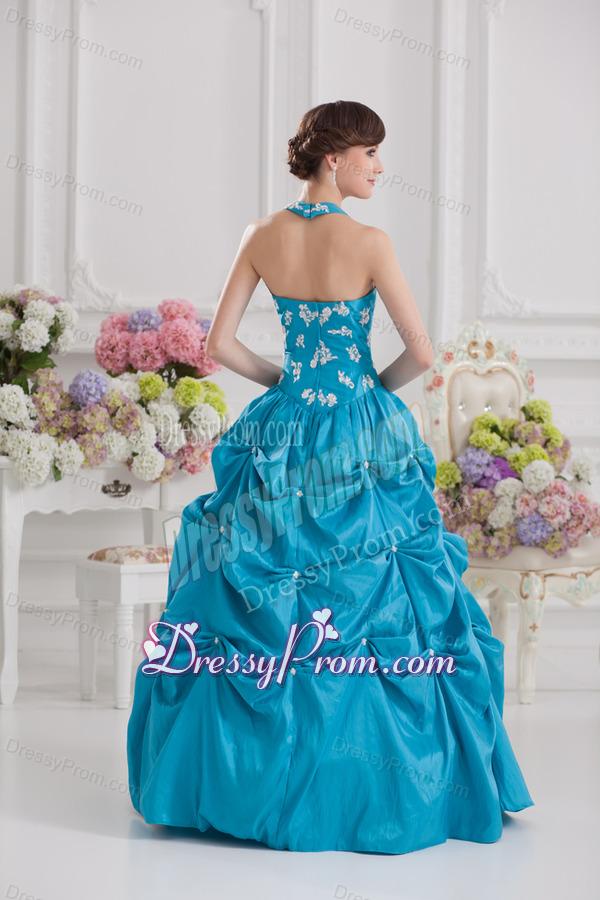 Princess Taffeta Appliques Ruffles Teal Quinceanera Dress with Halter Top