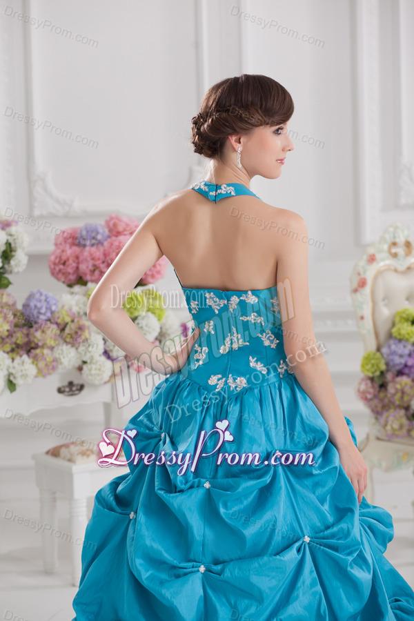 Princess Taffeta Appliques Ruffles Teal Quinceanera Dress with Halter Top