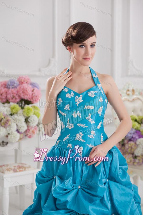 Princess Taffeta Appliques Ruffles Teal Quinceanera Dress with Halter Top