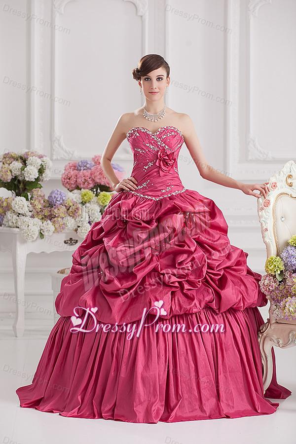 2014 Spring Ball Gown Sweetheart Hand Made Flowers Beading Pick-ups Quinceanera Dress in R