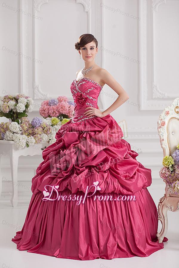 2014 Spring Ball Gown Sweetheart Hand Made Flowers Beading Pick-ups Quinceanera Dress in R