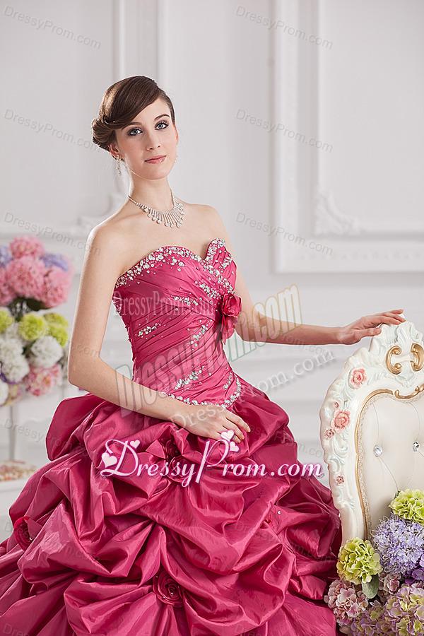 2014 Spring Ball Gown Sweetheart Hand Made Flowers Beading Pick-ups Quinceanera Dress in R