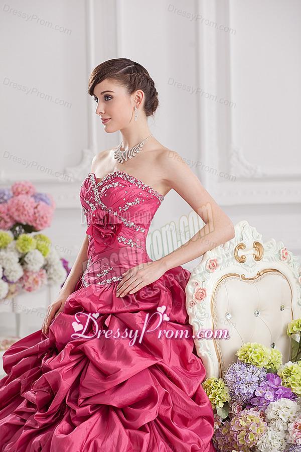 2014 Spring Ball Gown Sweetheart Hand Made Flowers Beading Pick-ups Quinceanera Dress in R