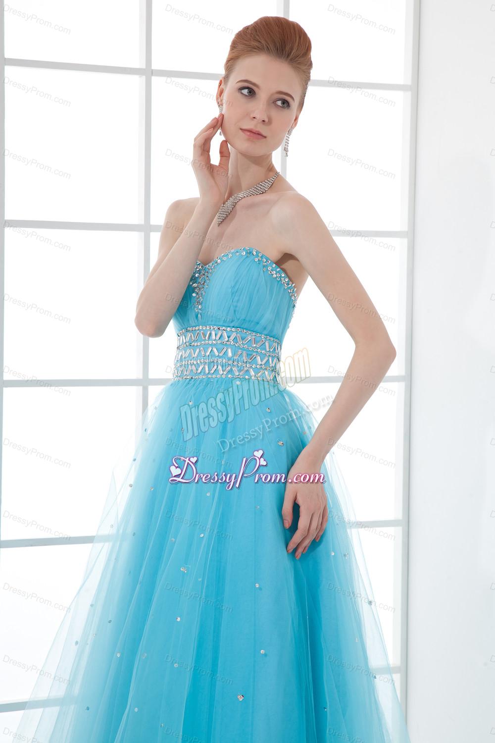 2014 Tulle A-line Sweathert Beading Baby Blue Belt Prom Dress
