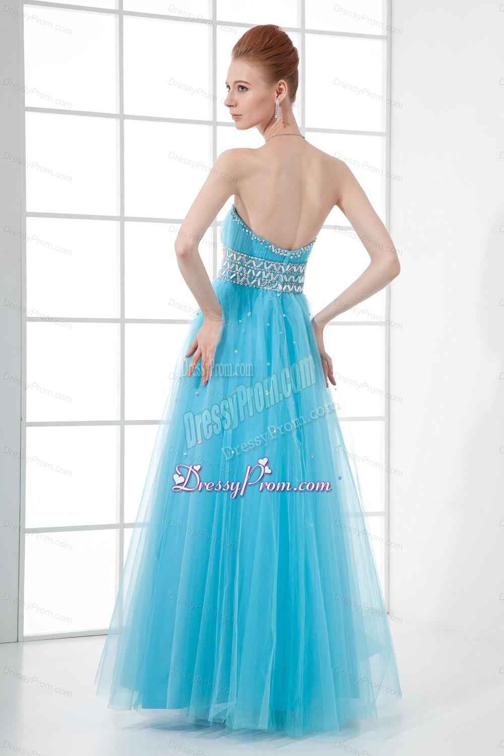 2014 Tulle A-line Sweathert Beading Baby Blue Belt Prom Dress