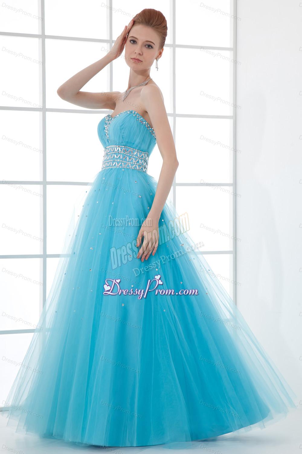 2014 Tulle A-line Sweathert Beading Baby Blue Belt Prom Dress