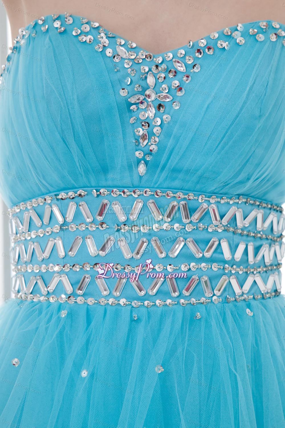 2014 Tulle A-line Sweathert Beading Baby Blue Belt Prom Dress