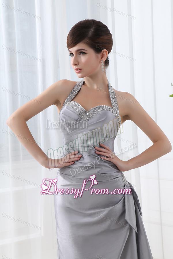 A-line Halter Top Silver Prom Dress with Beading and Ruching