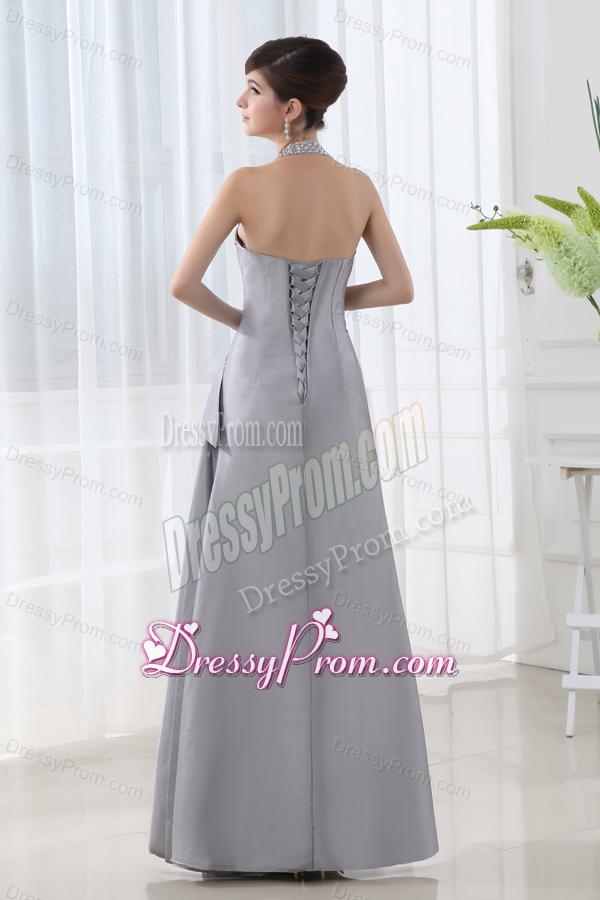 A-line Halter Top Silver Prom Dress with Beading and Ruching
