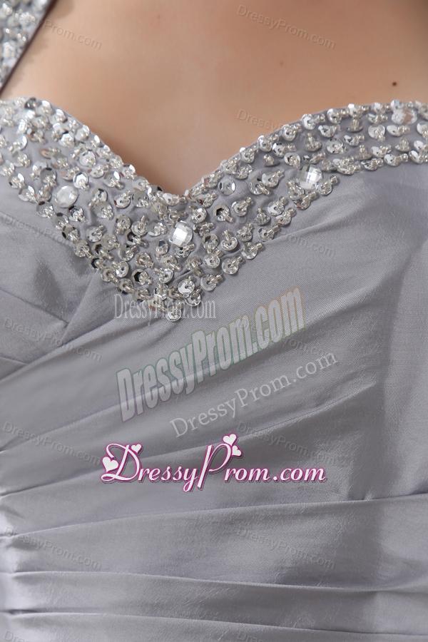 A-line Halter Top Silver Prom Dress with Beading and Ruching
