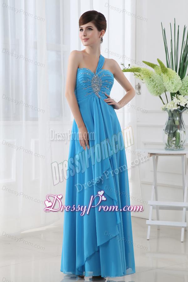 Empire Teal Blue Chiffon Prom Dress with One Shoulder Beading and Ruching