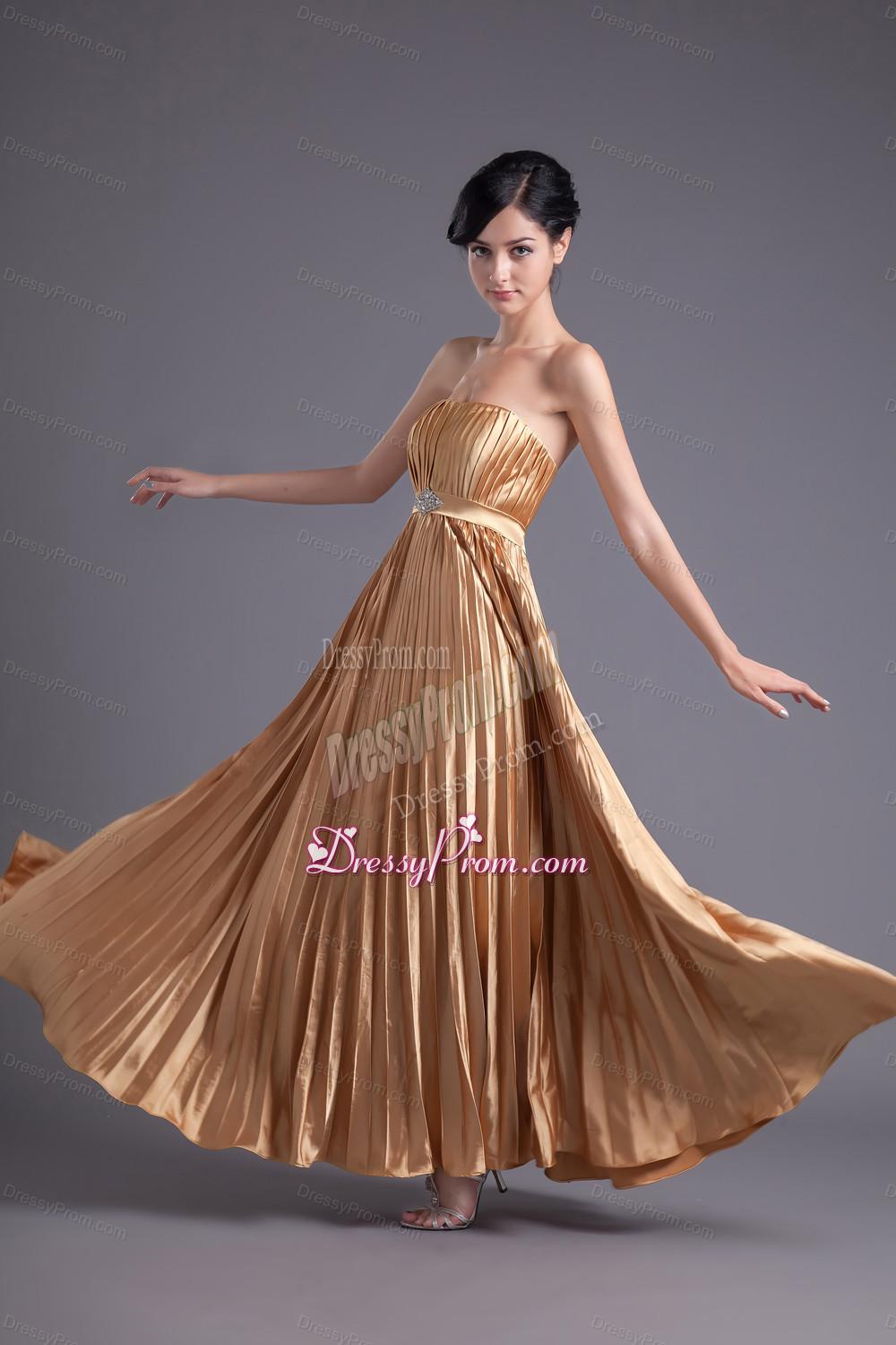 A-line Brown Floor-length Pleats Chiffon Prom Beading Dress