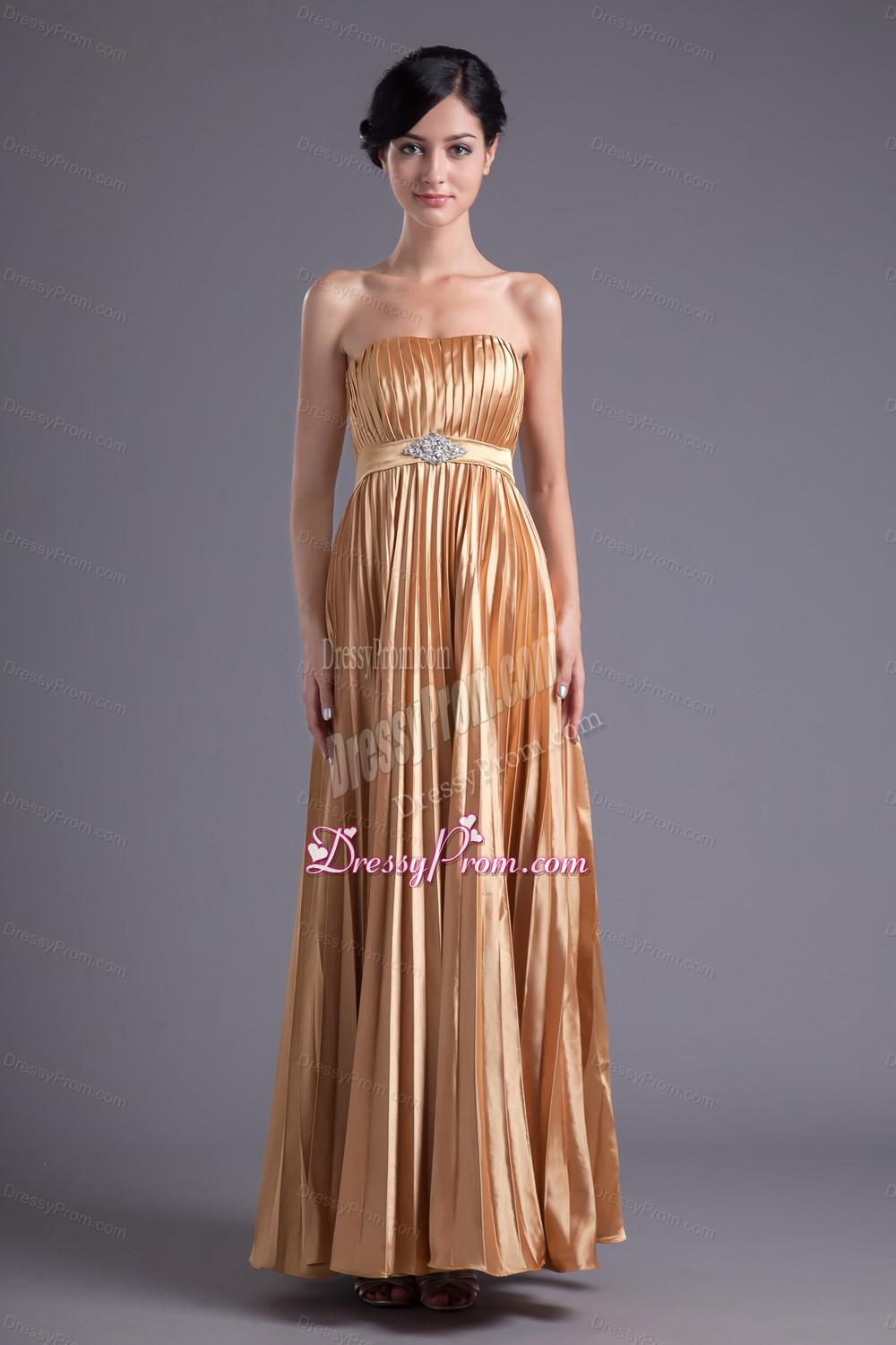 A-line Brown Floor-length Pleats Chiffon Prom Beading Dress