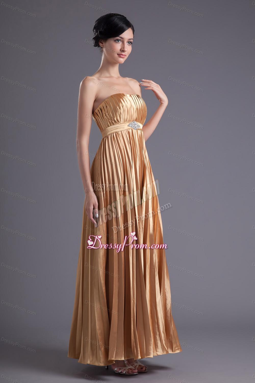 A-line Brown Floor-length Pleats Chiffon Prom Beading Dress