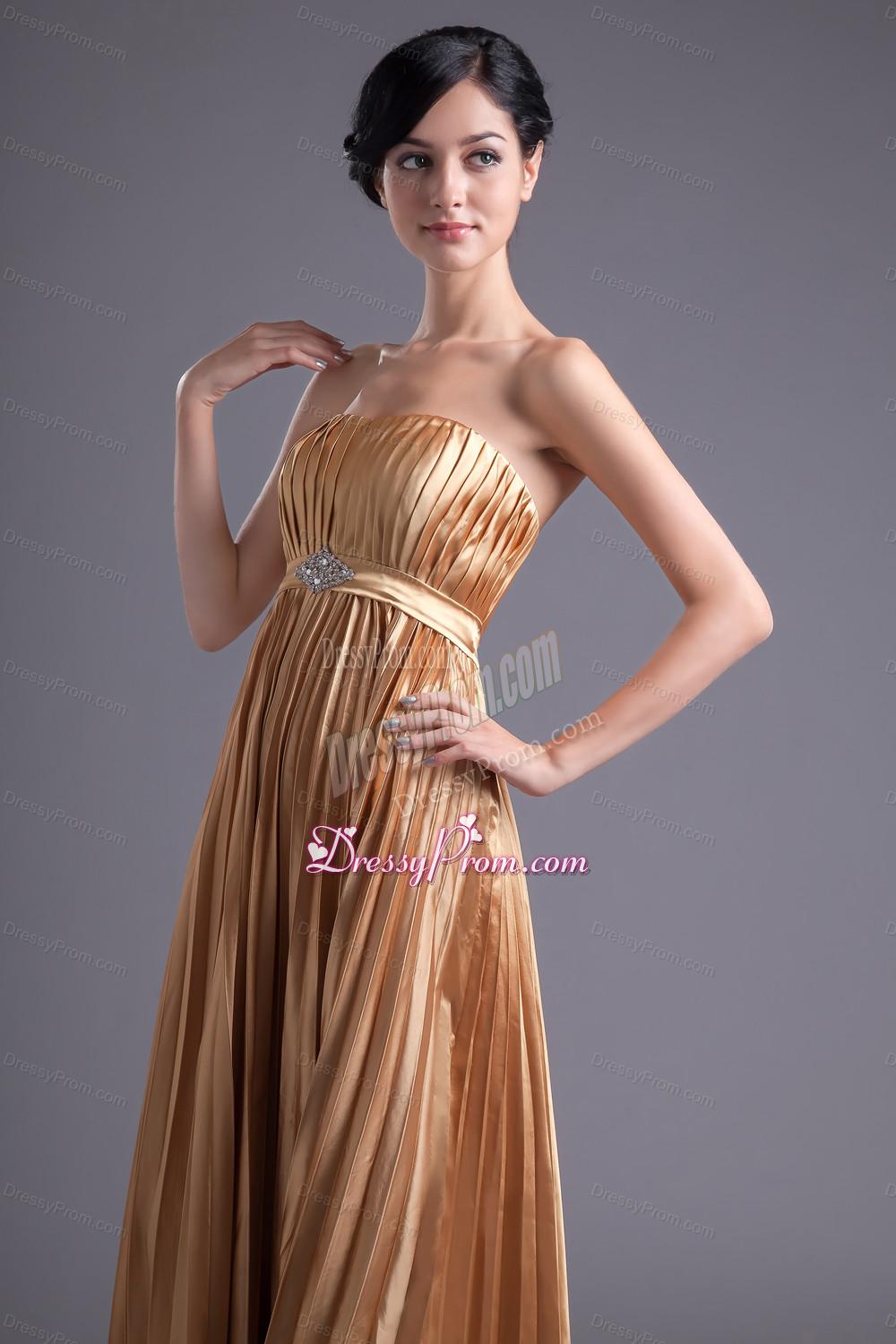 A-line Brown Floor-length Pleats Chiffon Prom Beading Dress