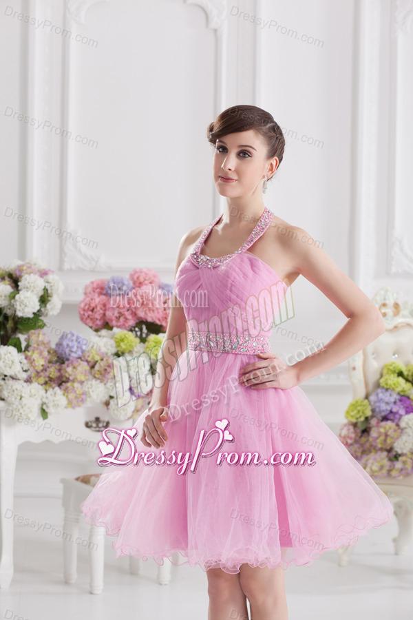 A-line Halter Top Pink Prom Dress with Ruching and Beading