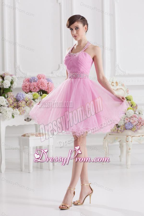 A-line Halter Top Pink Prom Dress with Ruching and Beading