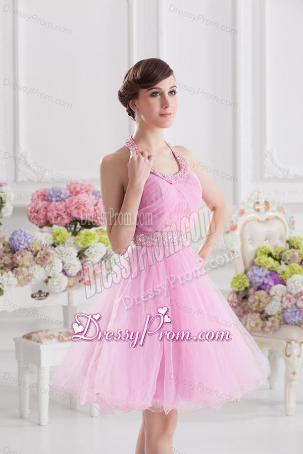 A-line Halter Top Pink Prom Dress with Ruching and Beading