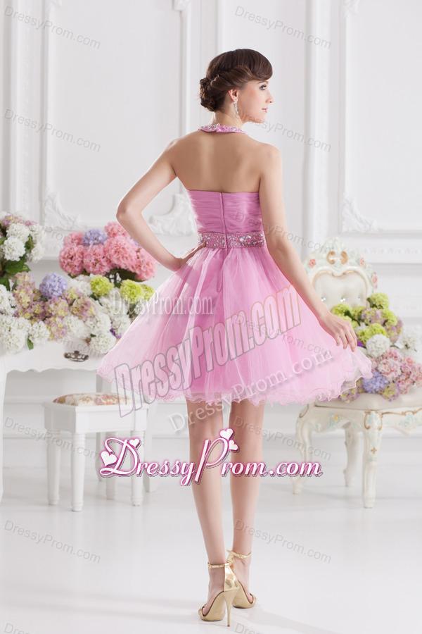 A-line Halter Top Pink Prom Dress with Ruching and Beading