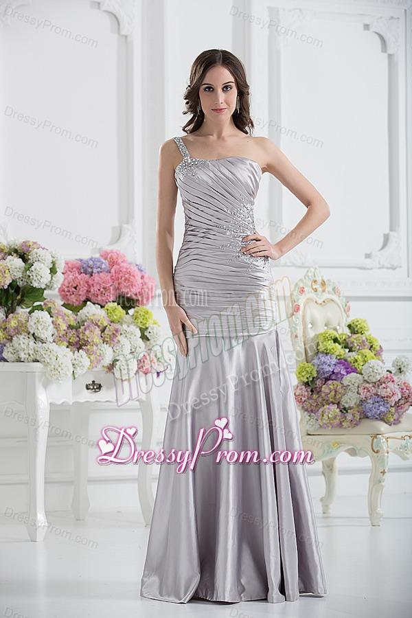 A-line One Shoulder Satin Beading and Ruching Prom Dress in Sliver