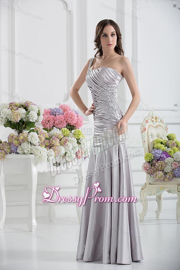A-line One Shoulder Satin Beading and Ruching Prom Dress in Sliver
