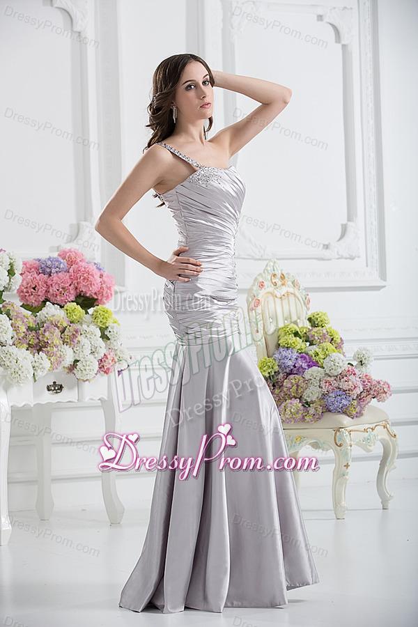 A-line One Shoulder Satin Beading and Ruching Prom Dress in Sliver