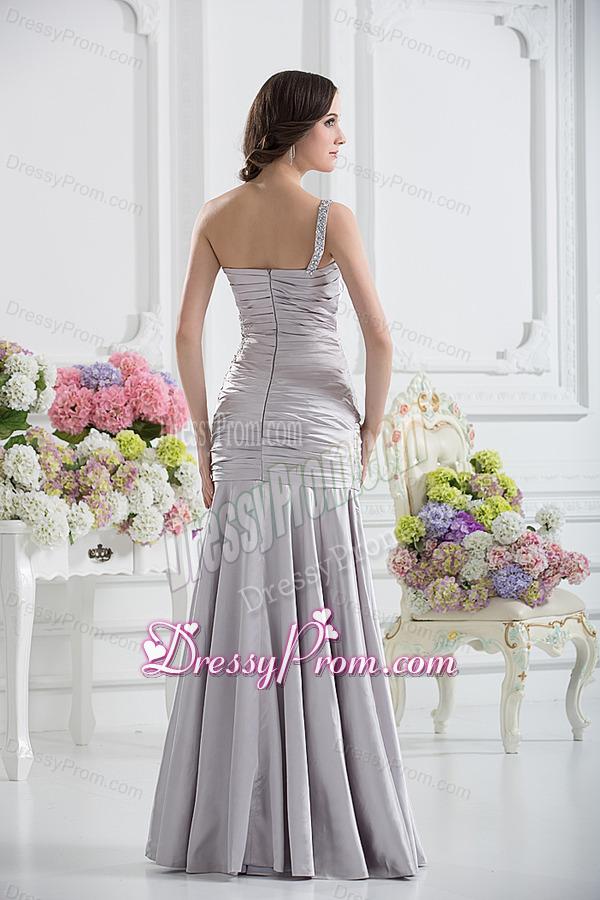 A-line One Shoulder Satin Beading and Ruching Prom Dress in Sliver