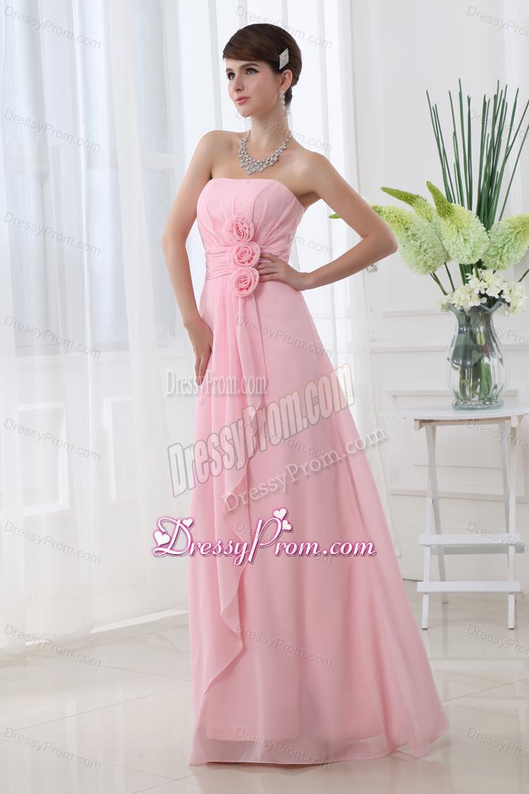 A-line Strapless Hand Made Flowers Chiffon Baby Pink Prom Dress