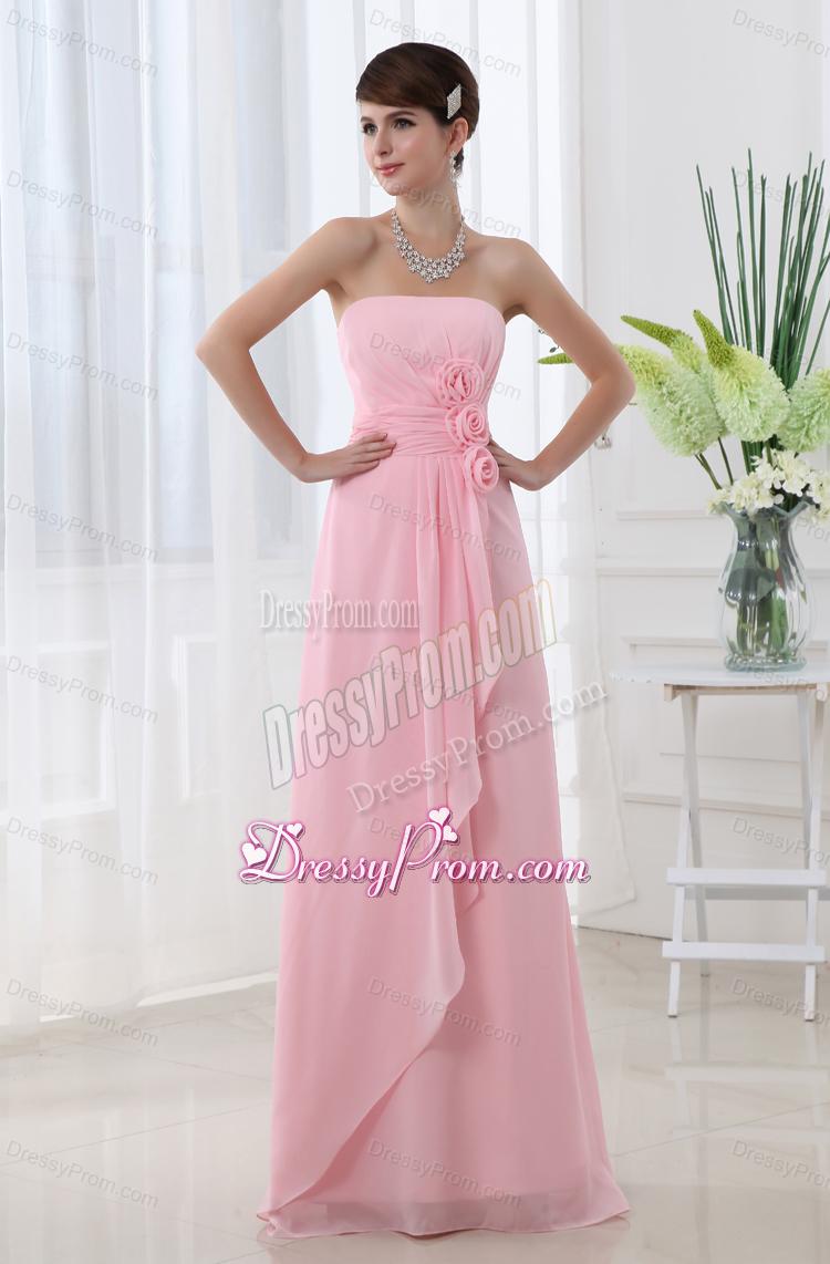 A-line Strapless Hand Made Flowers Chiffon Baby Pink Prom Dress