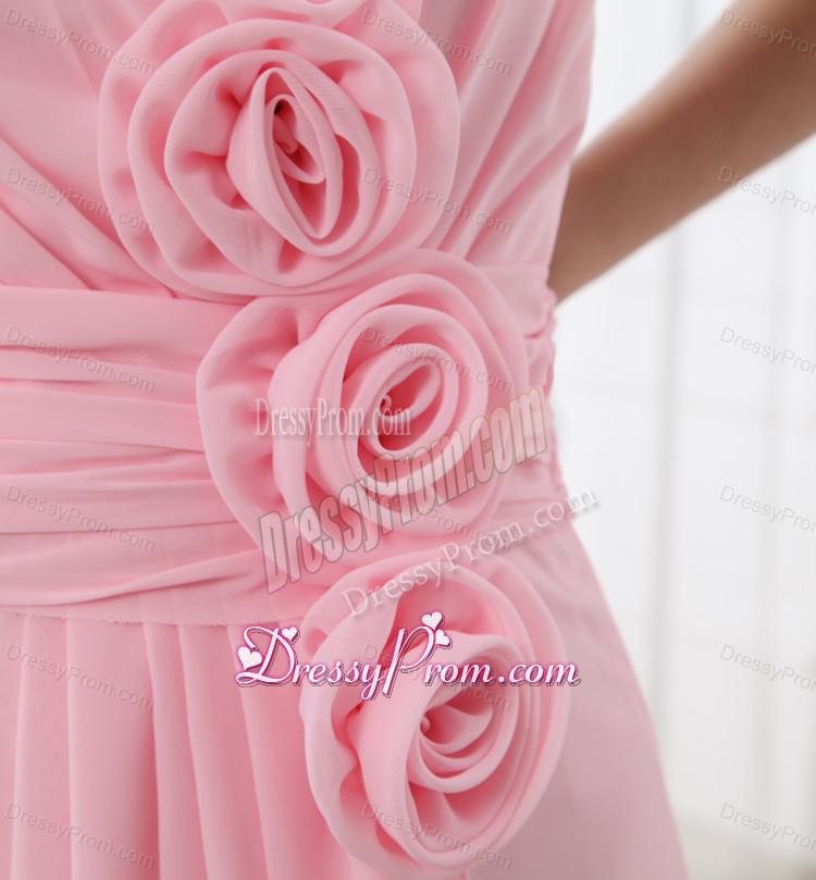 A-line Strapless Hand Made Flowers Chiffon Baby Pink Prom Dress