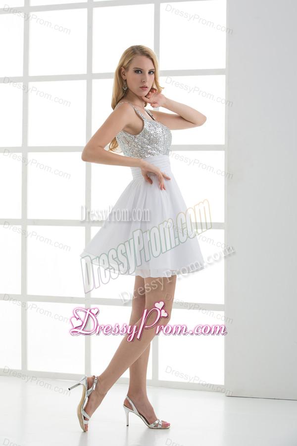 A-line Straps White Sleeveless Beading and Ruching Prom Dress