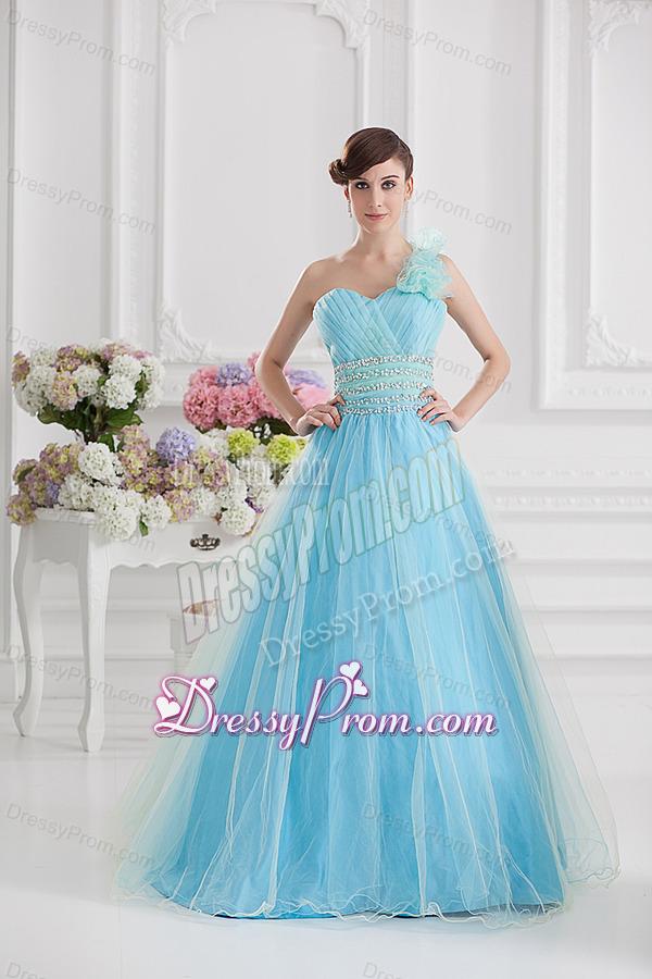 Beautiful A-line One Shoulder Ruching and Beading Aqua Blue Quinceanera Dress