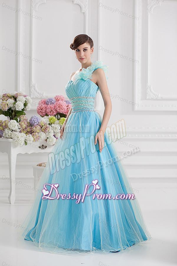 Beautiful A-line One Shoulder Ruching and Beading Aqua Blue Quinceanera Dress