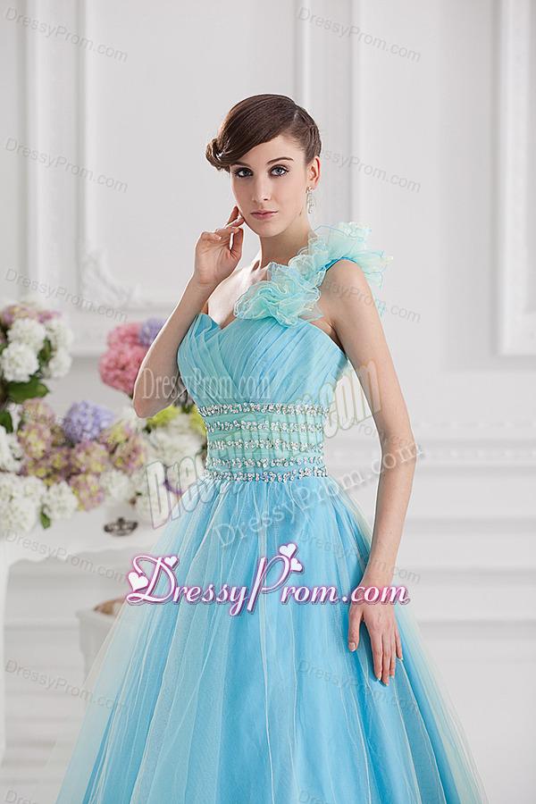 Beautiful A-line One Shoulder Ruching and Beading Aqua Blue Quinceanera Dress