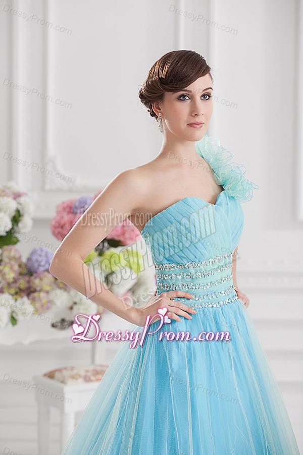 Beautiful A-line One Shoulder Ruching and Beading Aqua Blue Quinceanera Dress