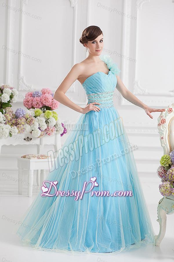 Beautiful A-line One Shoulder Ruching and Beading Aqua Blue Quinceanera Dress