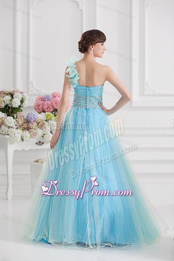 Beautiful A-line One Shoulder Ruching and Beading Aqua Blue Quinceanera Dress