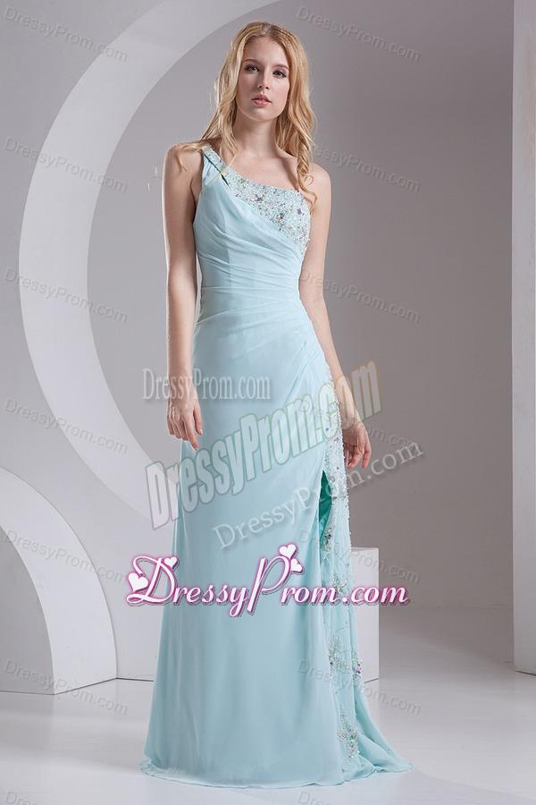 Column One Shoulder Chiffon Beading High Slit Prom Dress in Light Blue