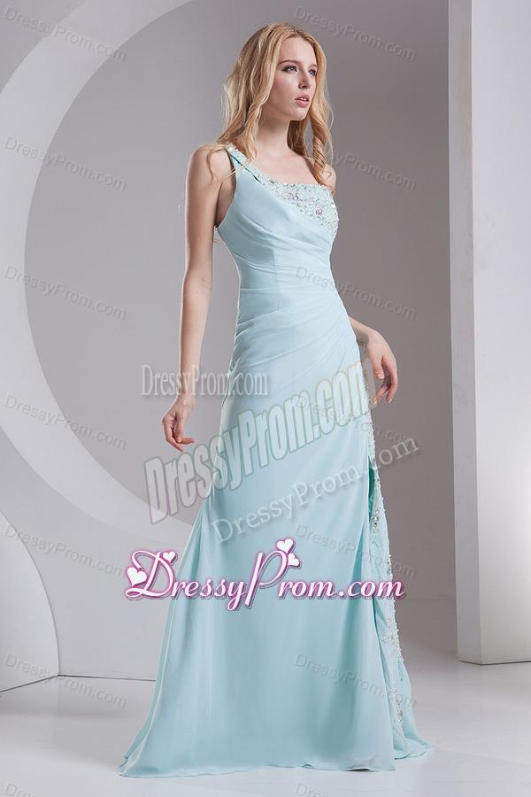 Column One Shoulder Chiffon Beading High Slit Prom Dress in Light Blue