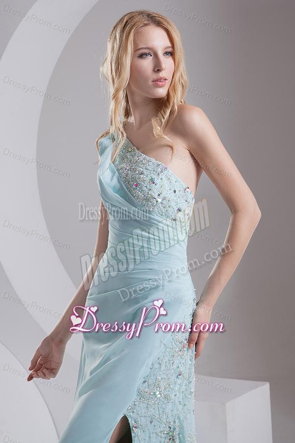 Column One Shoulder Chiffon Beading High Slit Prom Dress in Light Blue